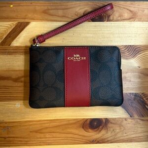 Coach signature corner zip wristlet leather brown and red